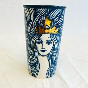 RARE Starbucks White/Blue/Gold Siren Ceramic Traveler